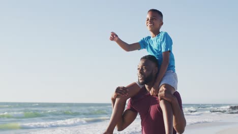 Video-Eines-Glücklichen-Afroamerikanischen-Vaters,-Der-Seinen-Sohn-Auf-Dem-Arm-Trägt-Und-Am-Strand-Spaziert