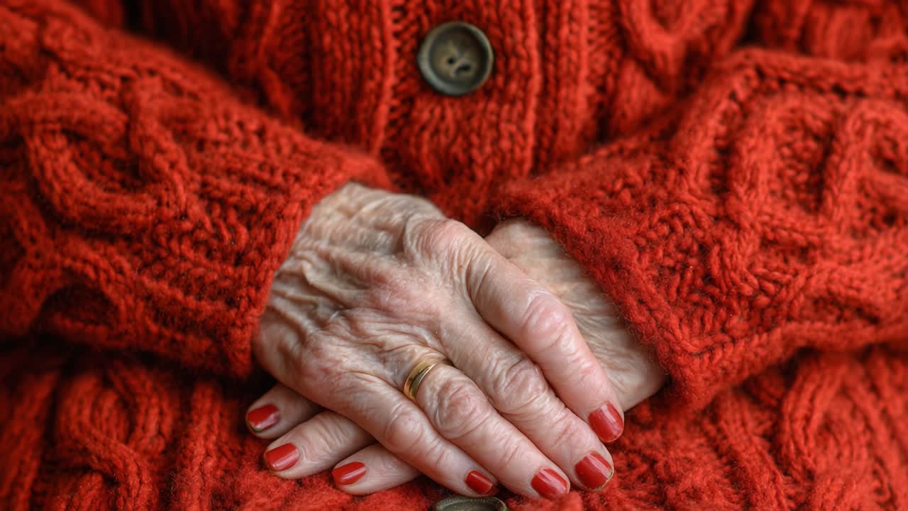 A Close-Up View of Elderly Hands Resting Gently on a Cozy Knit Sweater, Highlighting Beautiful Red Nails and Intricate Texture of the Fabric