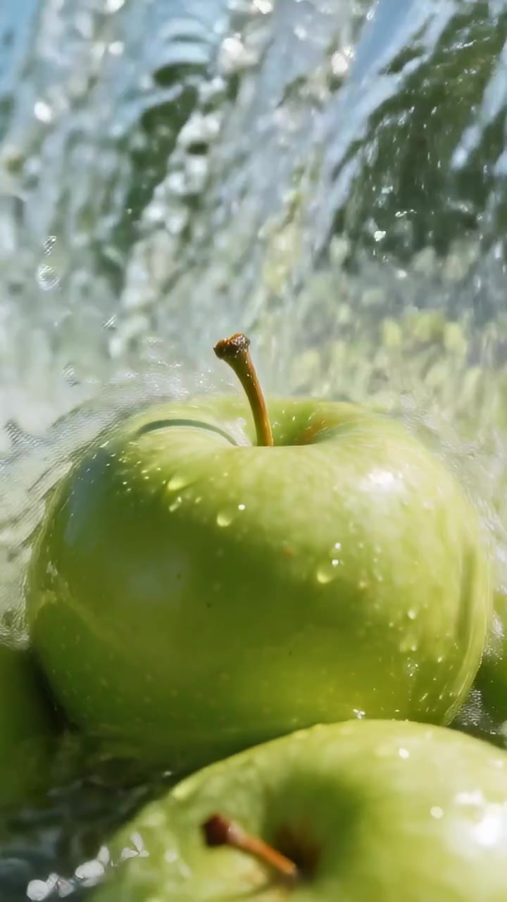 Una singola mela verde che giace in una pozzanghera poco profonda sotto un getto d'acqua che cade, mostrando la buccia bagnata e il picciolo.
