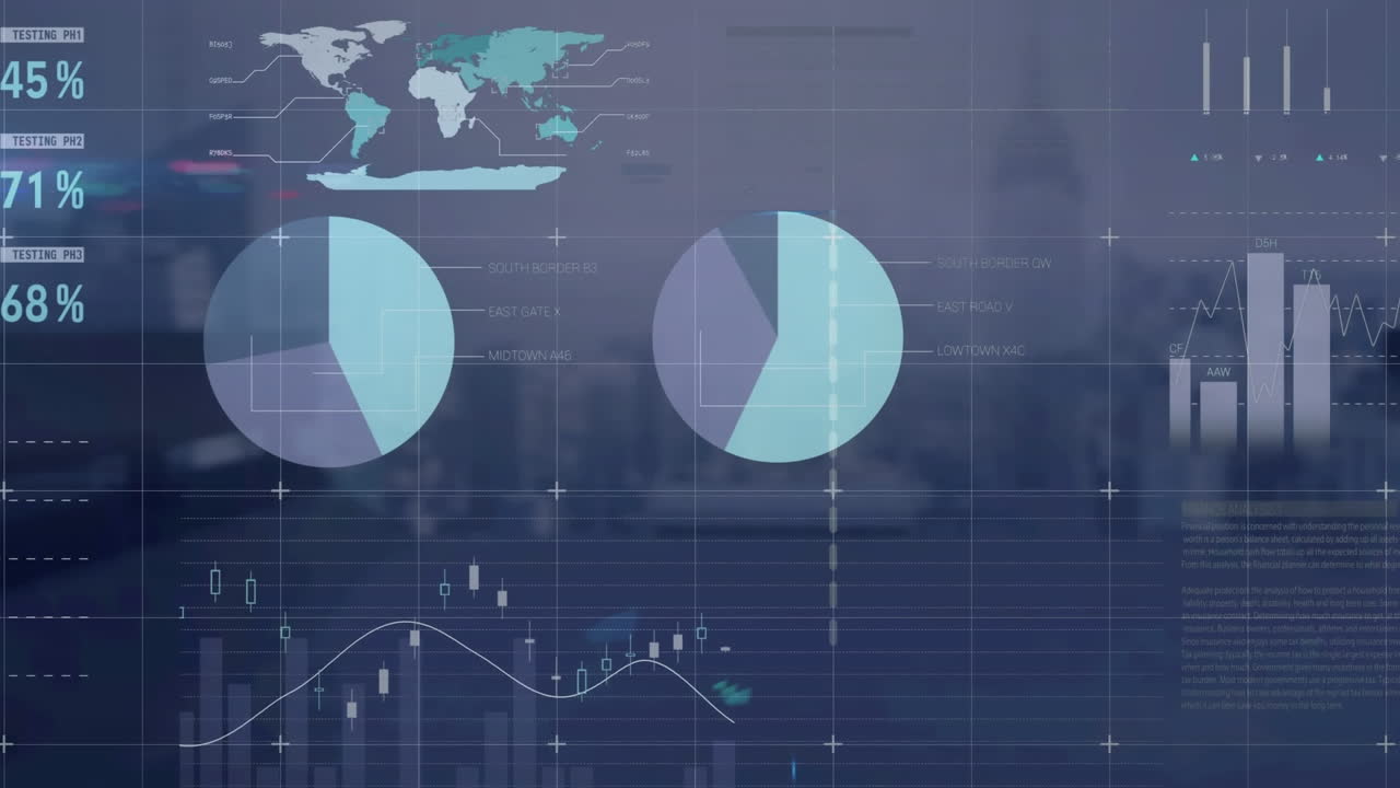 Animation of statistical data processing against aerial view of cityscape