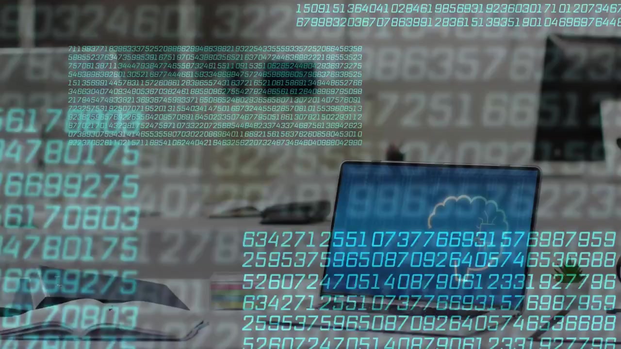 Data overlay fading in, scrolling and shifting over desk, laptop cycling blue icons showing data