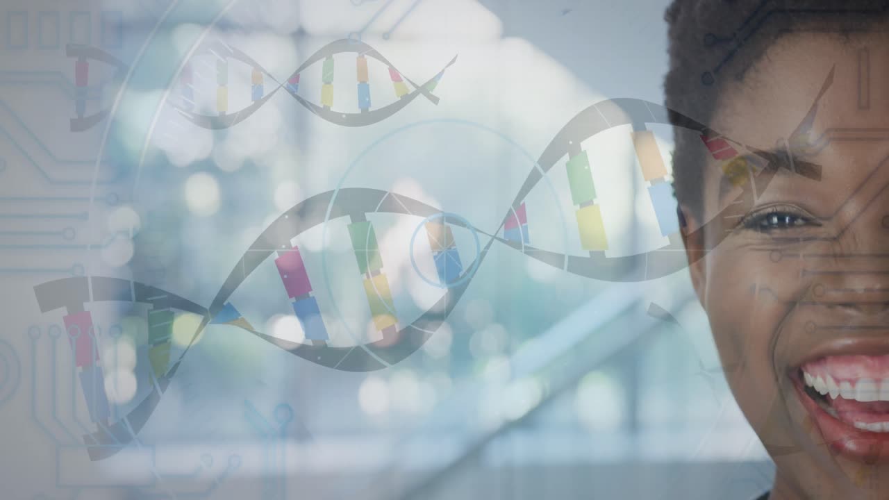Animation of dna strands over smiling african american female doctor