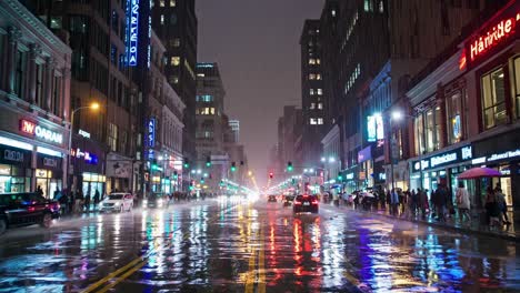 glistening urban street drenched in nighttime rainfall, reflecting vibrant neon hues from storefronts and traffic signals while cars move and pedestrians navigate rainy scene with open umbrellas