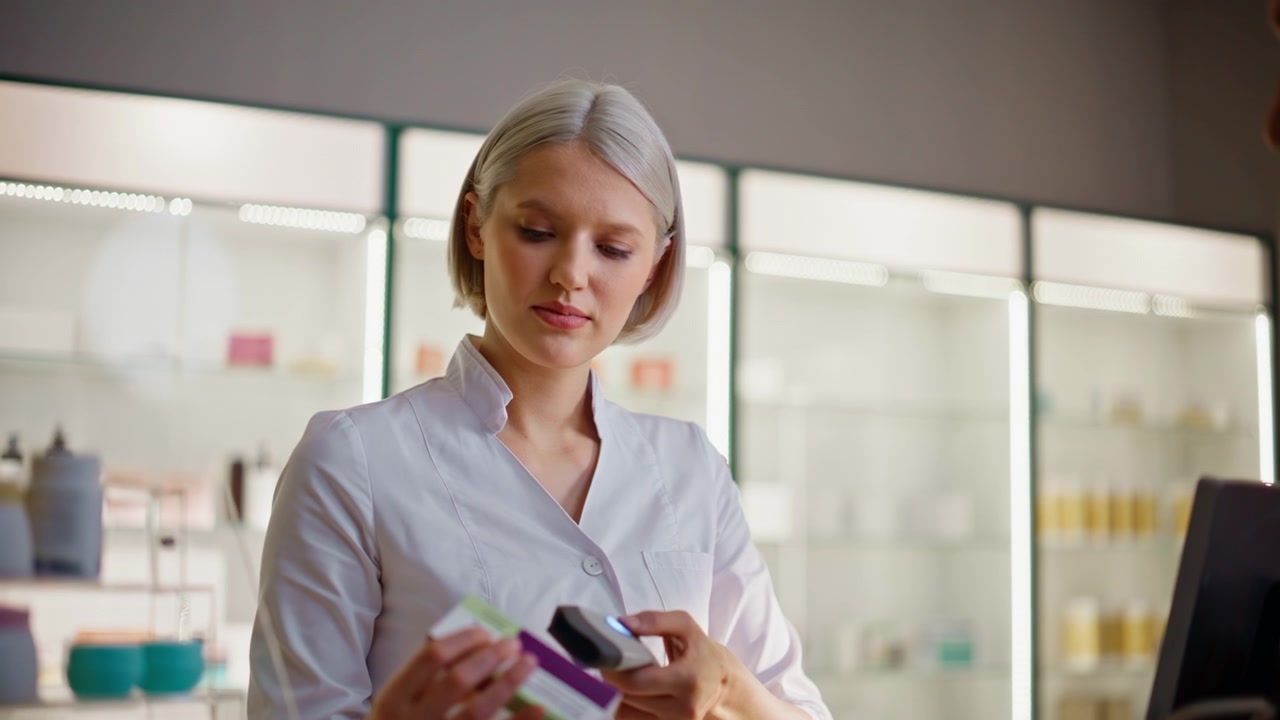 Cliente della farmacia che sceglie medicine e acquista, primo piano. Il venditore scansiona le pillole