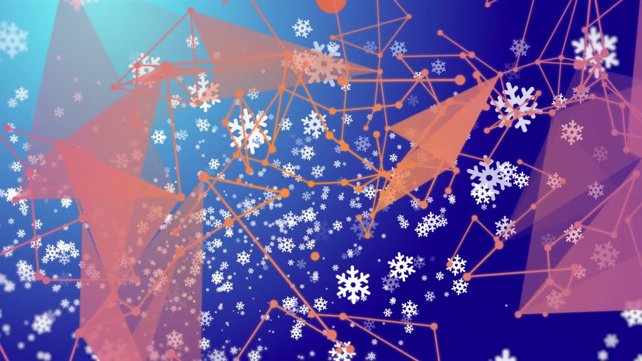 Orange network drifting into view, forming pink facets as snowflakes swirling showing connectivity