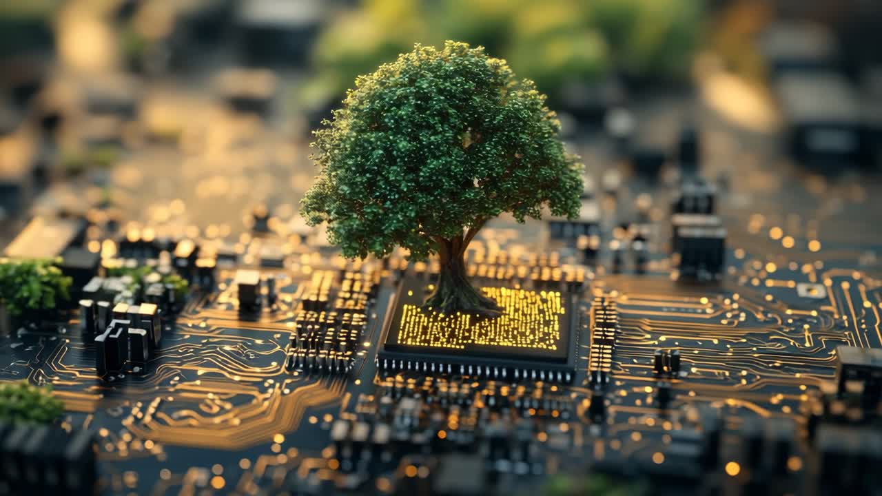 Nature and tech in harmony. A tree grows from a circuit board, symbolizing the connection between nature and technology in a vibrant manner.