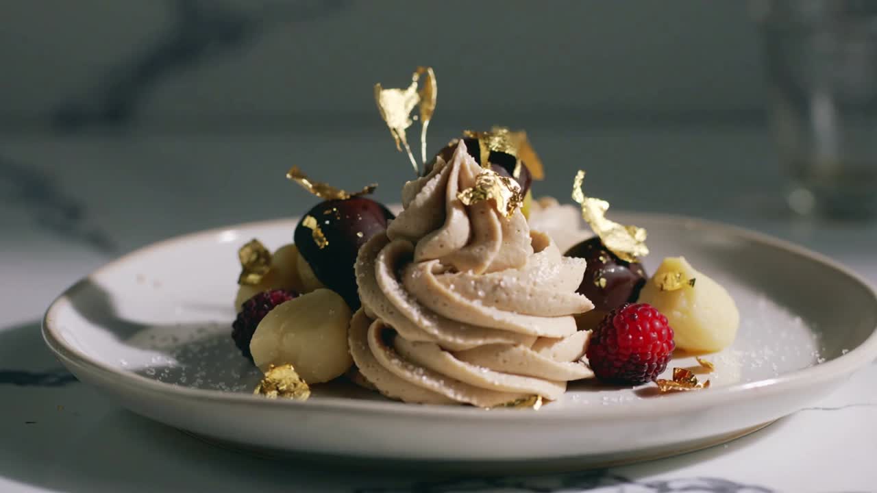 Panning camera revealing dessert on white plate on marble, showcasing cream swirl and gold leaf