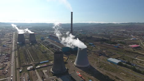 thermal coil power station large view in mongolia by drone. sunny day coal-fired