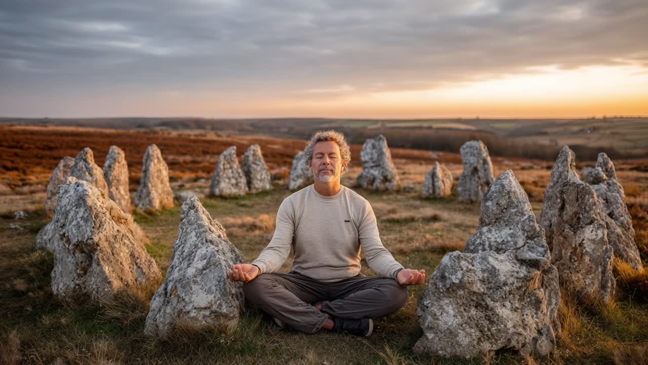 A Tranquil Meditation Amidst Ancient Stones: Embracing Nature and Inner Peace at Sunset with Mindful Reflection and Connection to the Earth