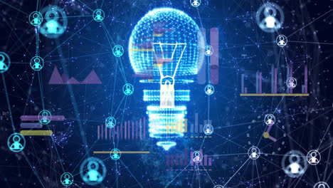 Animation-of-network-of-connections-with-icons-over-lightbulb-and-diagrams