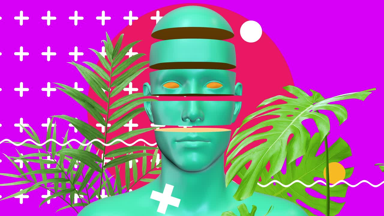 diseño psicodélico de colores gráficos mínimos. concepto de arte abstracto del cuerpo humano con formas geométricas y plantas. personaje 3d realista hombre o mujer en estilo de movimiento moderno creativo. animación de moda.