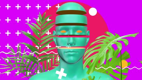 diseño psicodélico de colores gráficos mínimos. concepto de arte abstracto del cuerpo humano con formas geométricas y plantas. personaje 3d realista hombre o mujer en estilo de movimiento moderno creativo. animación de moda.
