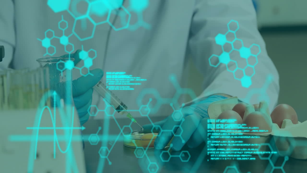 animación del procesamiento de datos científicos sobre un científico masculino en el laboratorio