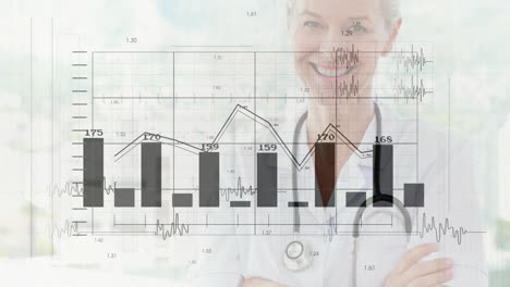 female doctor standing in bright medical clinic, displaying animated bar charts and ecg waveforms