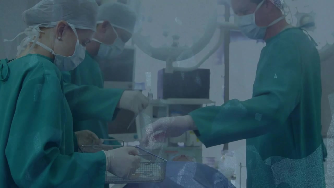 Surgical team exchanging tools after surgeon call in OR, animated tags marking clamps as hands pass
