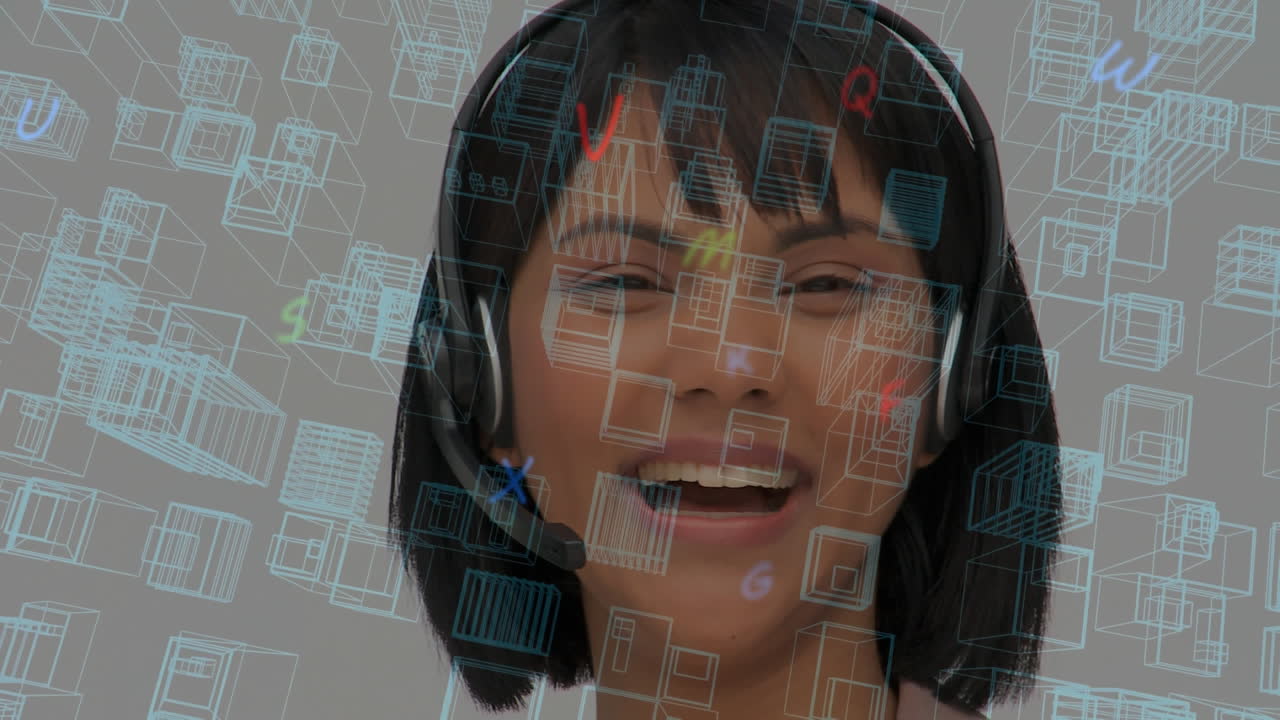 animación del paisaje urbano digital sobre una mujer de negocios con auriculares en la oficina