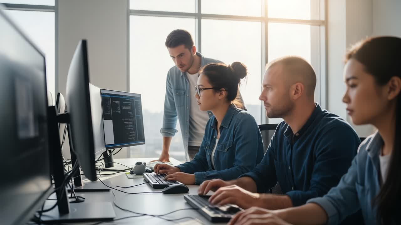 A Collaborative Coding Session in a Modern Office Environment Featuring Focused Programmers Engaged in Problem Solving and Software Development