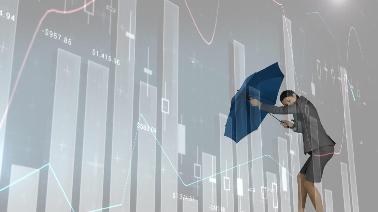 폭풍 4k에 맞서 우산을 들고 있는 사업가