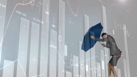 mujer de negocios sosteniendo un paraguas contra una tormenta 4k