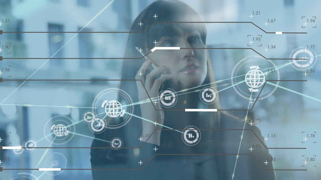 Animation of connections and data processing over caucasian businesswoman talking on smartphone