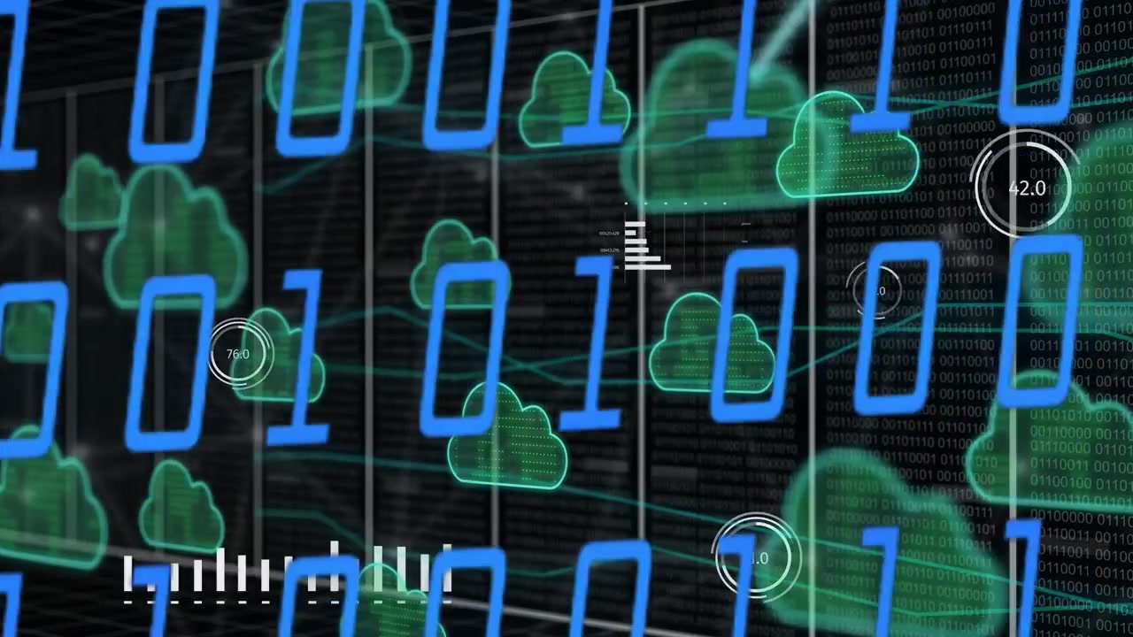 On startup data overlay growing over racks, clouds multiplying and linking, showing network load