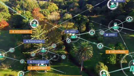 animación de iconos de redes sociales y red de conexiones sobre un parque vacío
