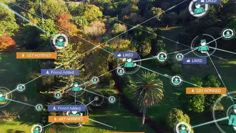 animation of social media icons and network of connections over empty park