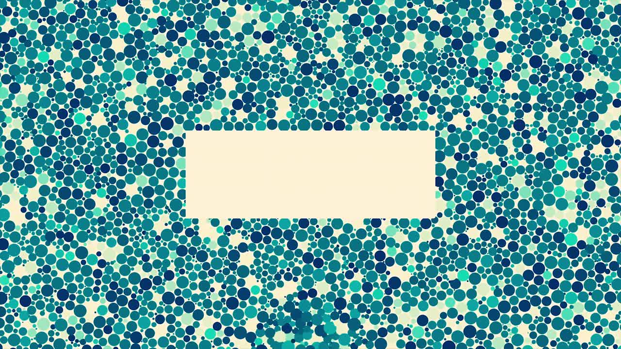 esferas coloridas, muchas partículas redondas que se reúnen en forma de rectángulo sobre un fondo blanco. animación. círculos turquesa cayendo con el espacio vacío en el medio