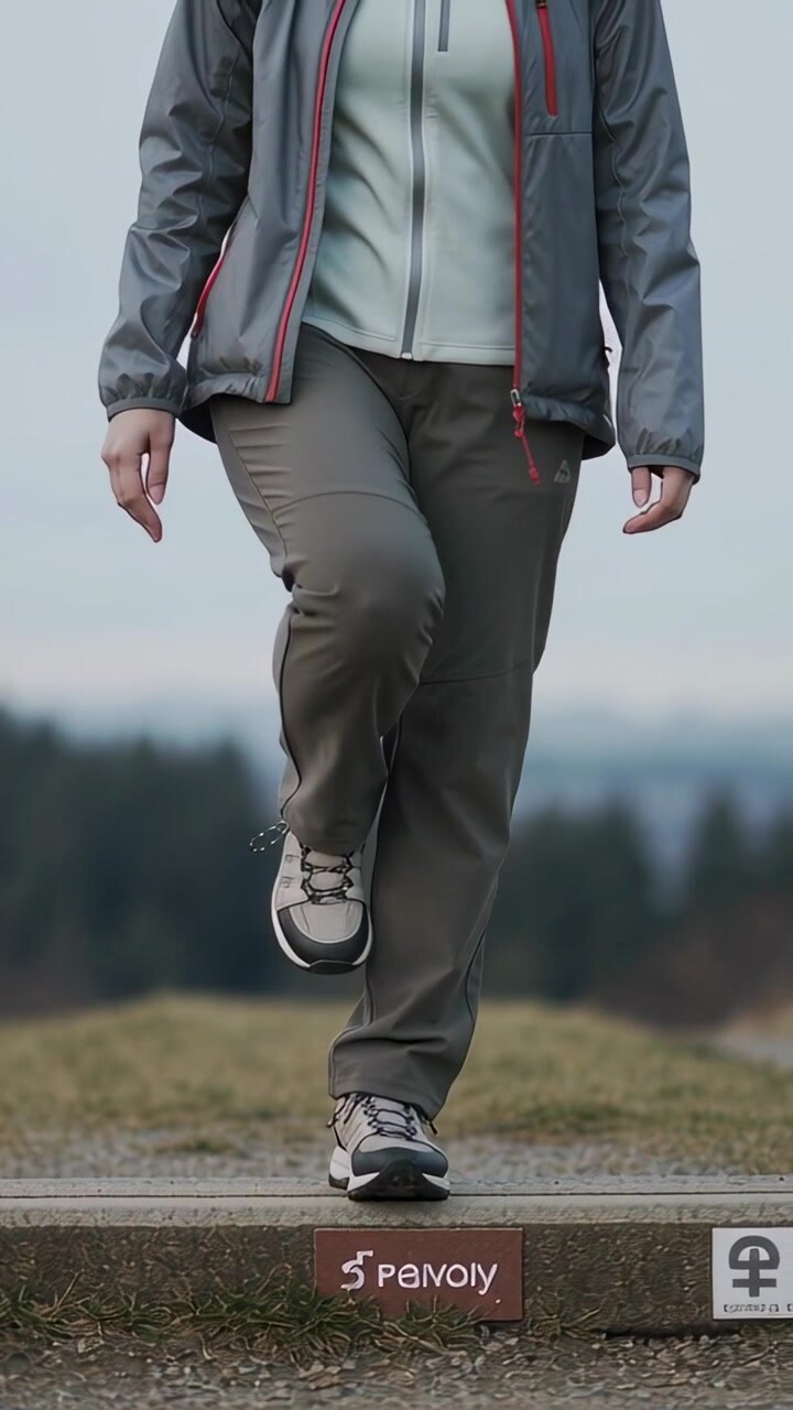 Vertical video: Reaching marked step woman stepping onto grass, continuing walk in jacket, shoes