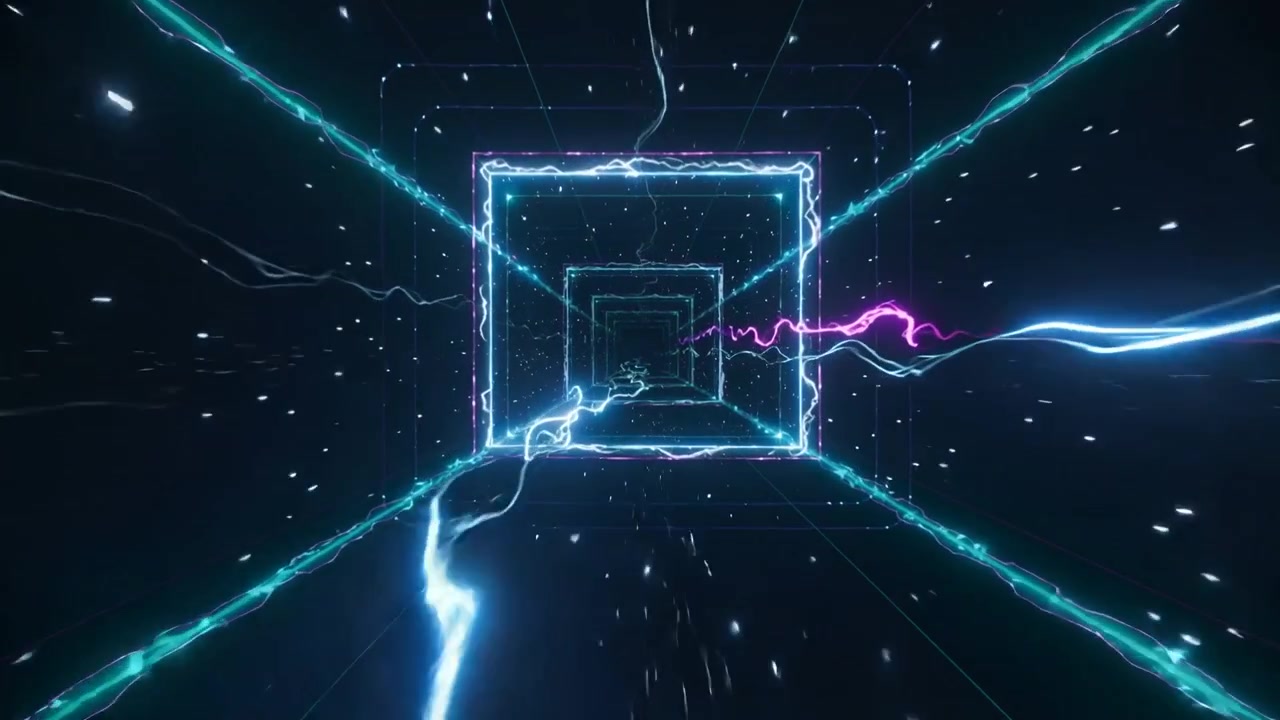 Đường hầm khối neon nhấp nháy di chuyển về phía trước trong hành lang công nghệ phát ra các vòng cung màu lục lam và đỏ tươi sau tia lửa