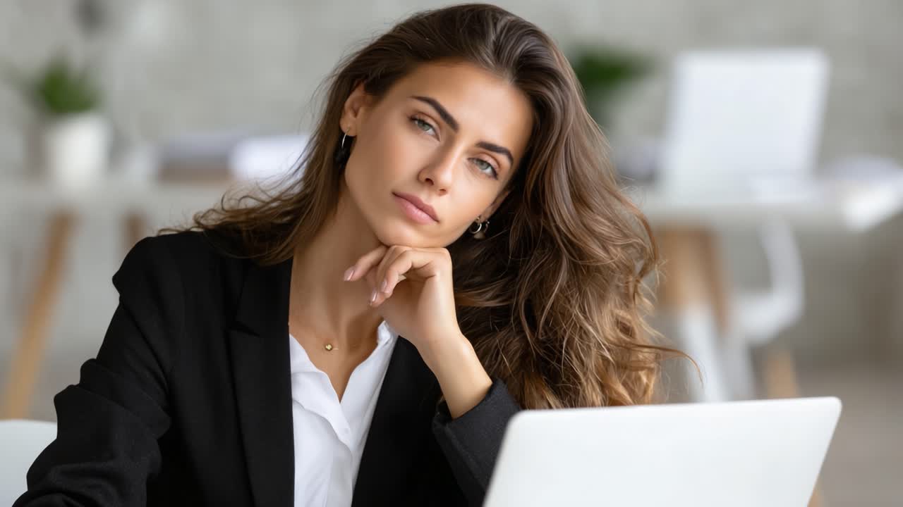 Una donna professionista pensierosa in abbigliamento da lavoro riflette sulle sfide mentre lavora al suo laptop in un moderno ambiente d'ufficio con sfondo sfocato