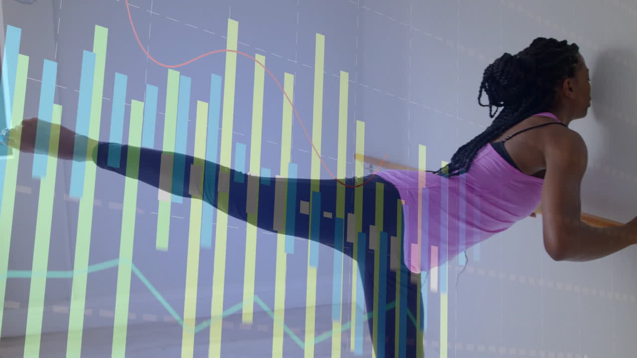 Practicing high kick, woman over financial data chart animation in office