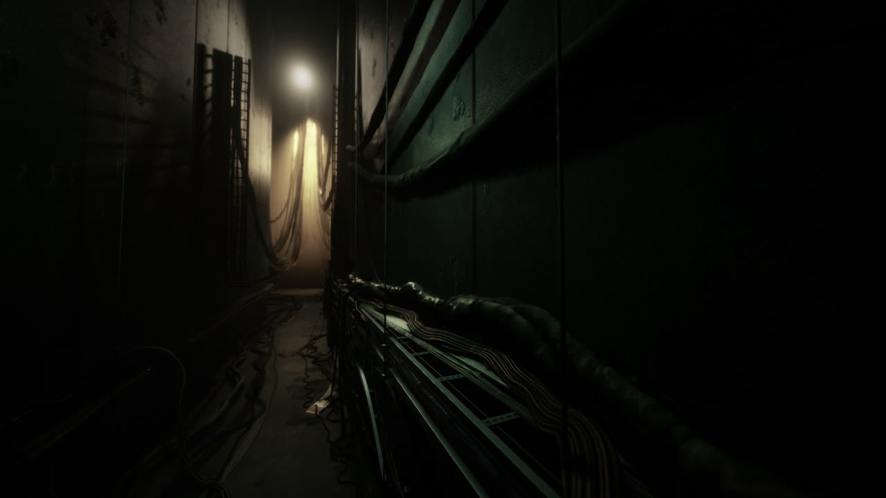 Dark corridor with eerie lighting and tangled wires in an abandoned location