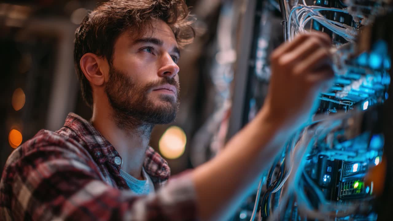 Fachkundiger Techniker arbeitet an Netzwerkausrüstung: Eine detaillierte Nahaufnahme von Kabelmanagement und Serverwartung in einer modernen Rechenzentrumsumgebung