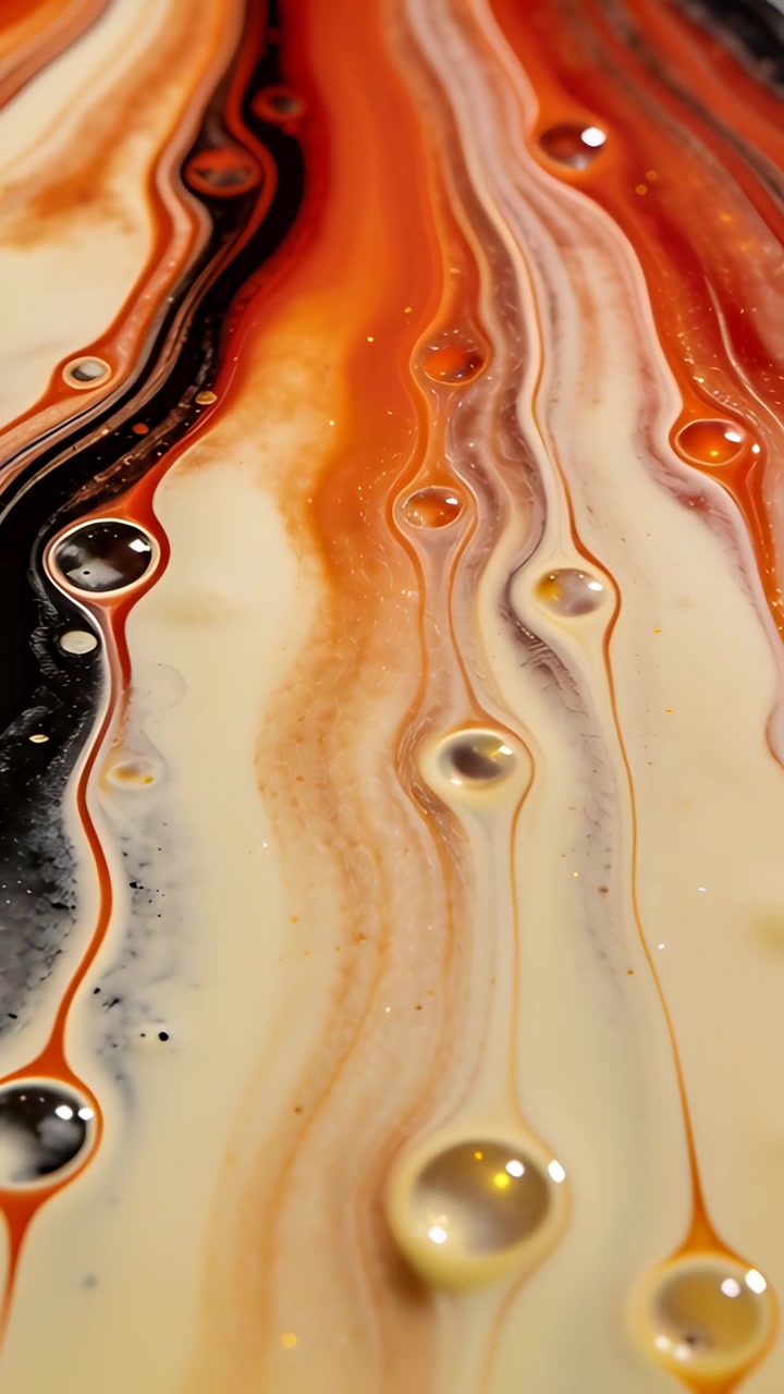 Video verticale: Mostra una colata di vernice a fasce che si deposita su un tavolo d'arte mentre la telecamera esegue una panoramica, con goccioline in movimento.