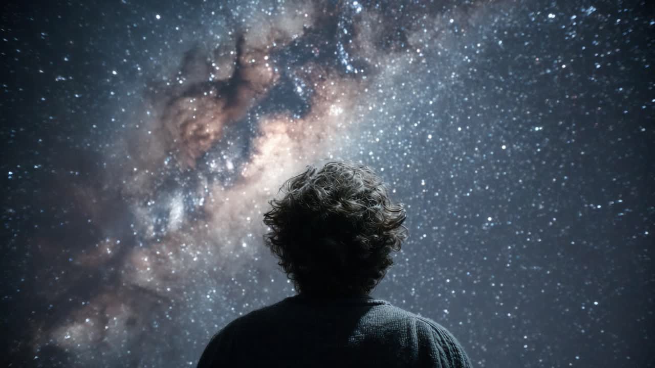 Contemplando o cosmos infinito: uma figura solene olha para a vastidão do universo, cativada por estrelas, nebulosas e maravilhas galácticas