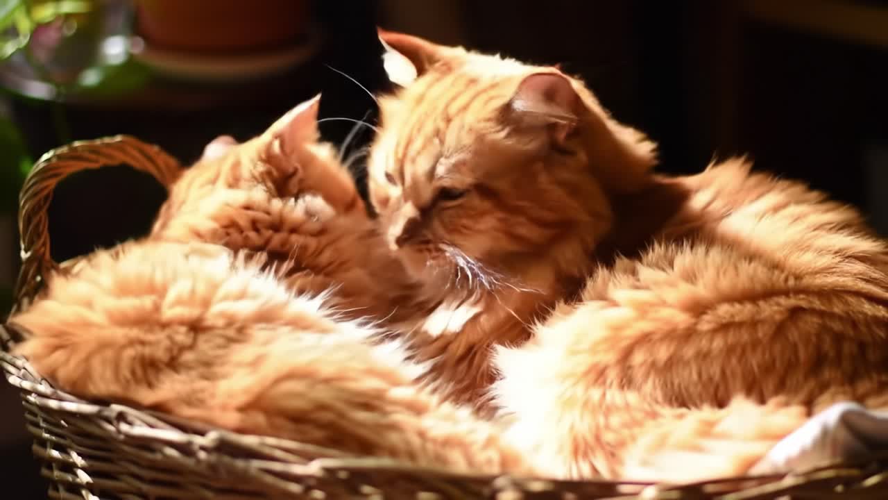 Due adorabili gatti rossi che si accoccolano insieme in un cesto, abbracciando calore e comfort sotto una luce soffusa, catturando la serenità della compagnia felina