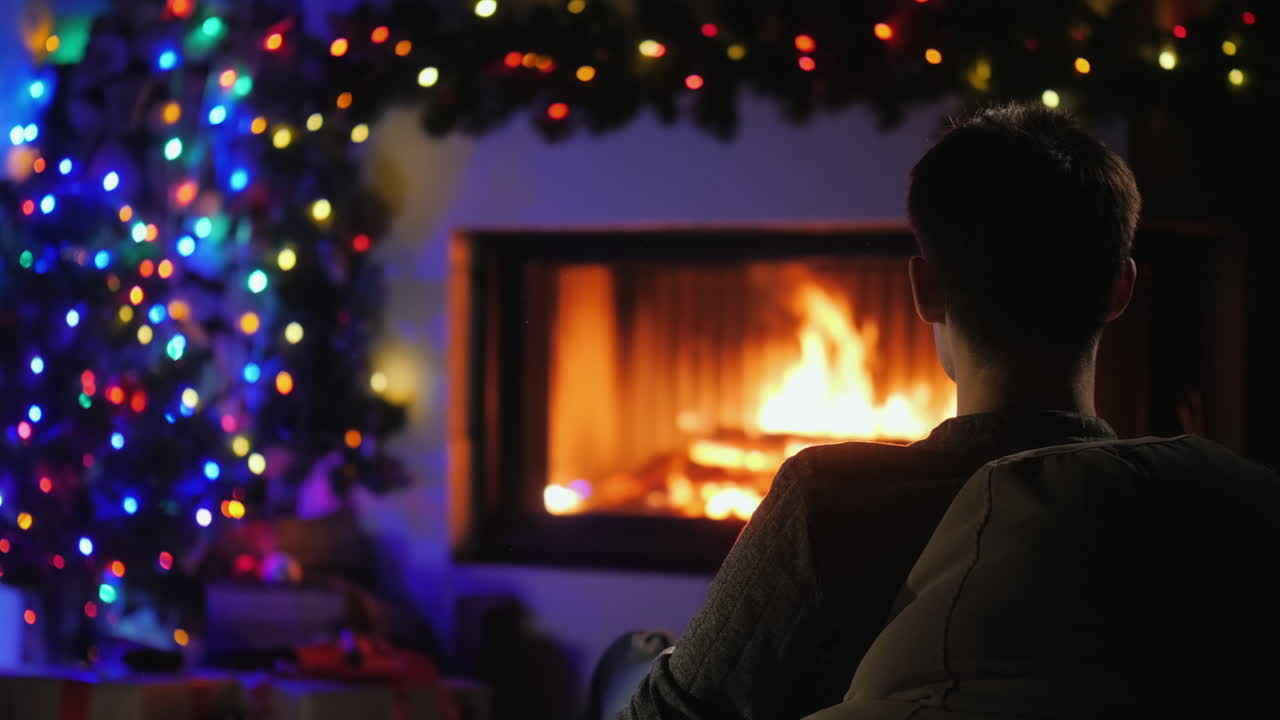 un joven admira el fuego en la chimenea que está decorado con guirnaldas para navidad