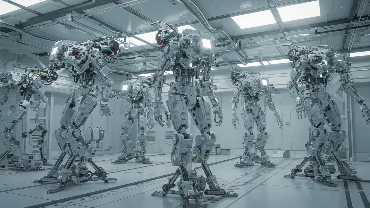 A Futuristic Assembly of Advanced Robots in a Hi-Tech Environment Showcasing Cutting-Edge Design and Precise Engineering in a Modern Facility