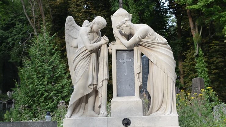 Angeli sopra una croce. Leopoli, Ucraina. Cimitero di Lychakiv, il complesso storico e commemorativo (dal 1991) a Leopoli nel quartiere storico di Lychakiv, uno dei cimiteri più antichi dell'Ucraina