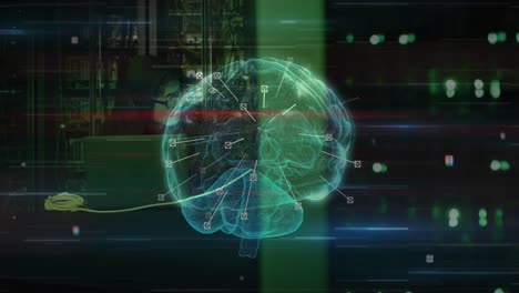 Animation-Von-Lichtspuren-Und-Digitalem-Gehirn-über-Asiatischem-Hacker-Im-Serverraum