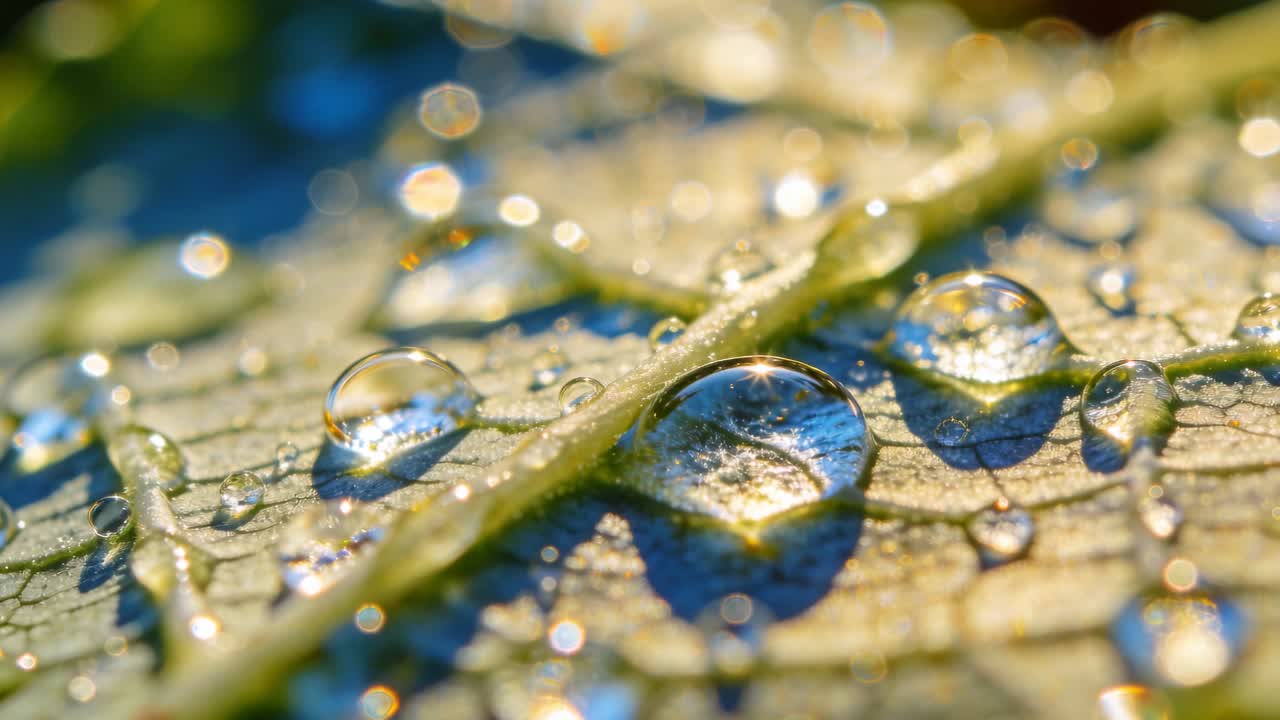 Obiettivo macro con messa a fuoco variabile che cattura in primo piano una foglia verde in giardino, mostrando gocce di rugiada che riflettono il cielo.