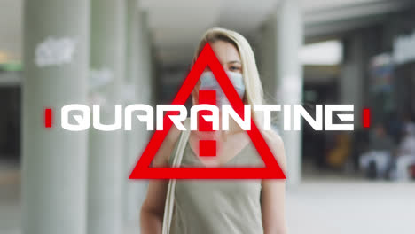 animation of text quarantine, over triangle, with woman in face mask in city street