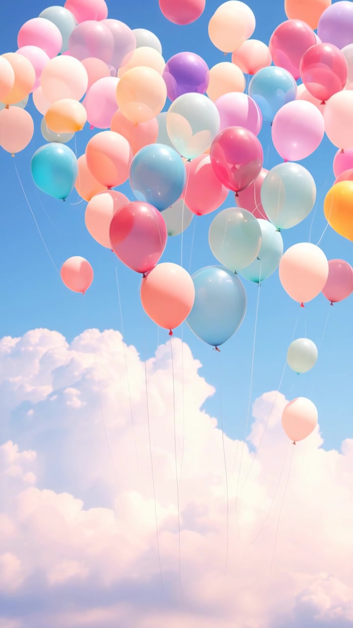 Molti palloncini colorati che fluttuano verso un cielo blu con nuvole