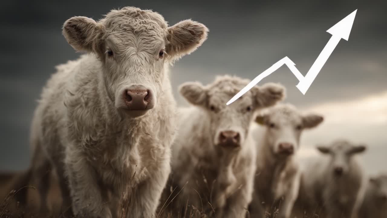 Un gruppo di vitelli bianchi in evidenza in un campo, che mostra crescita e vitalità contro uno sfondo suggestivo con una tendenza al rialzo che simboleggia il progresso.