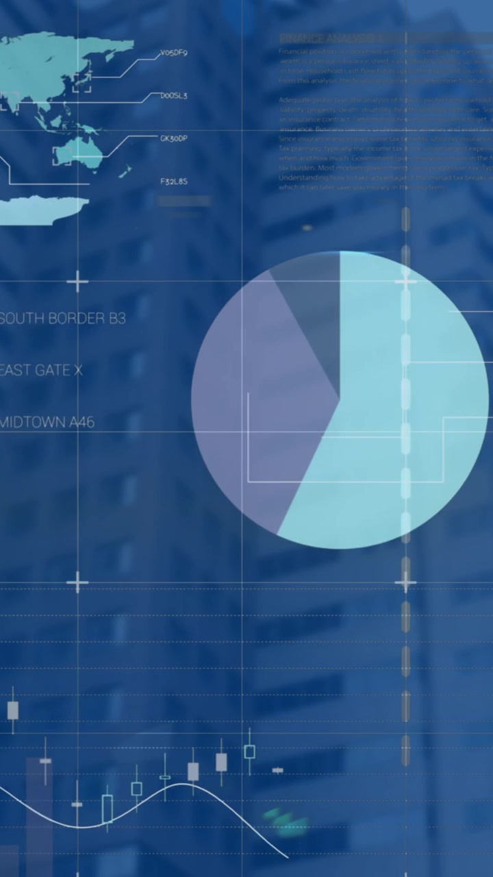 Animazione di elaborazione dati e mappa del mondo su paesaggio urbano