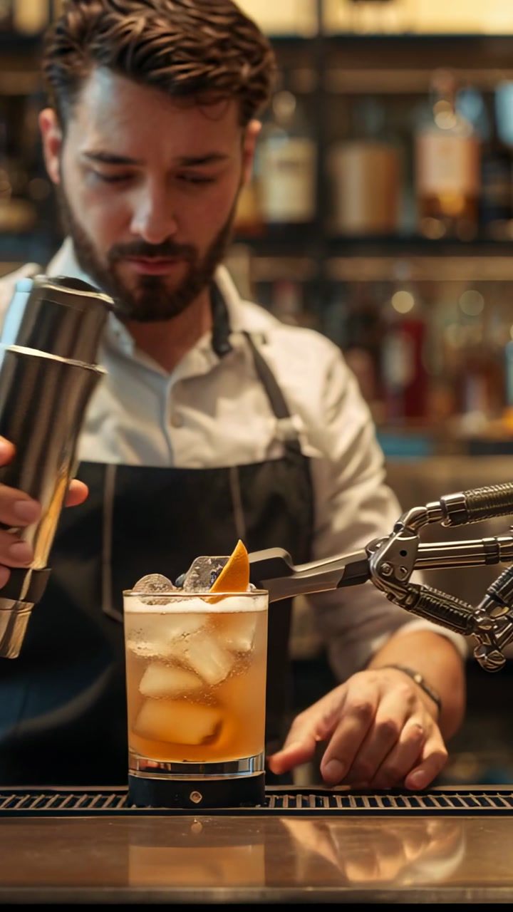 Vertical video: Pouring bartender in apron, shaker nudging robot arm fixing glass serving at bar