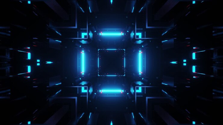 Motion graphics fantascientifica: corridoio e tunnel con quadrati verde acqua brillante e nero scuro.