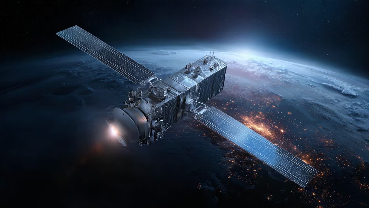 A Stunning Visualization of a Satellite Orbiting Earth, Showcasing Advanced Technology Amidst a Glorious Cosmic Backdrop of Stars and City Lights Below