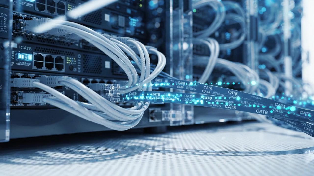 Advanced Data Center Connectivity: High-Speed Network Cables and Server Racks Showcasing Modern IT Infrastructure and Digital Communication Technology